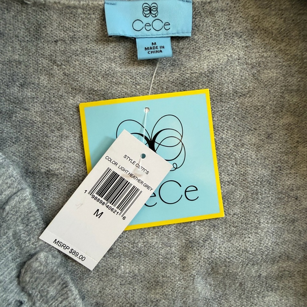 🌟CeCe Light Gray Ruffle Hem Coquette Style Button Up Cardigan Sweater - Picture 3 of 6